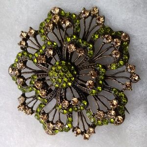 Brooch,pin, Green/pink Rhinestones.